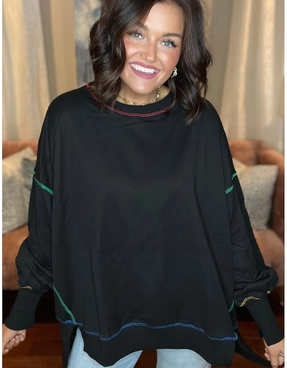 Black Contrast Stitching Split Baggy Sweatshirt