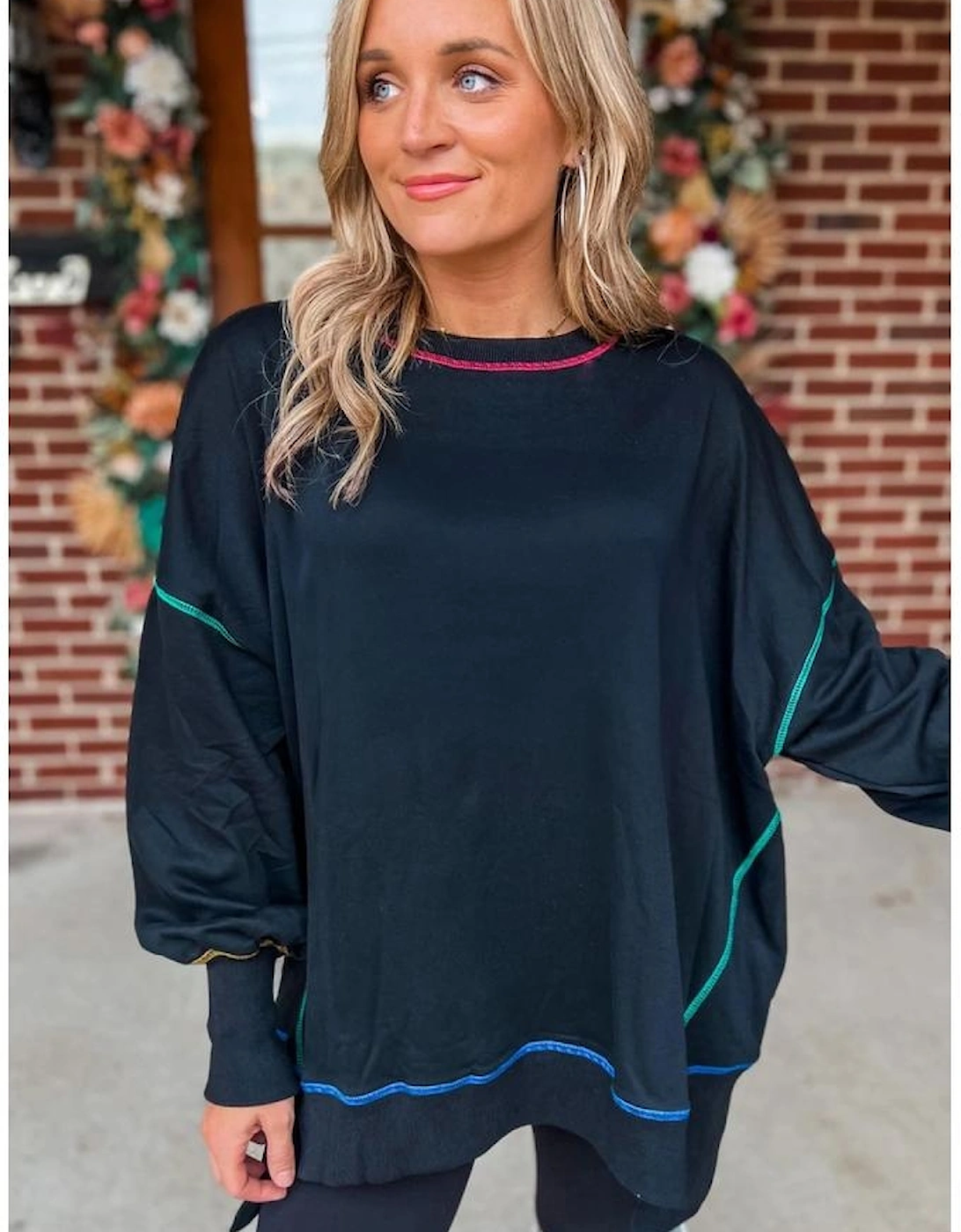 Black Contrast Stitching Split Baggy Sweatshirt