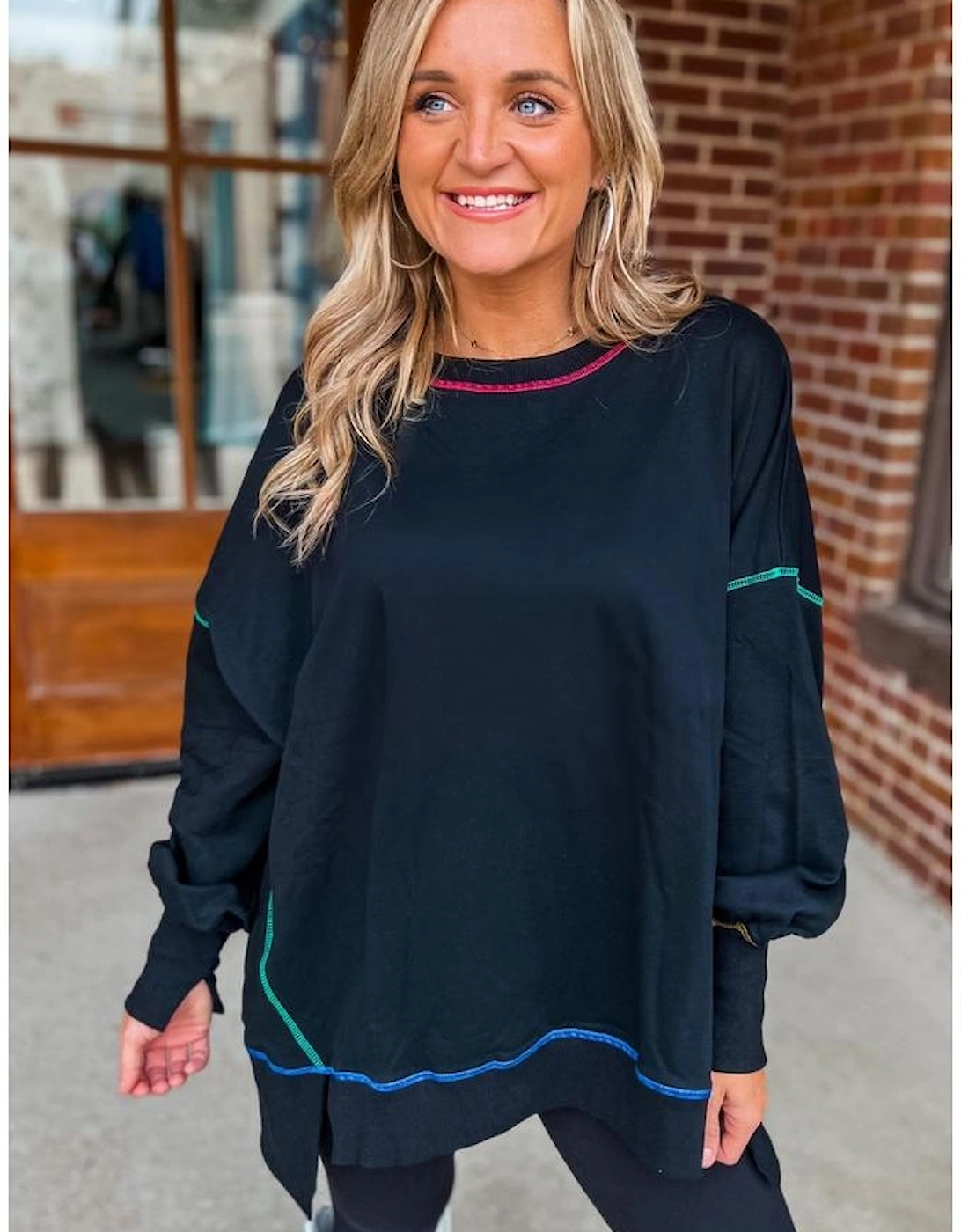 Black Contrast Stitching Split Baggy Sweatshirt