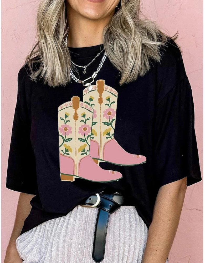 Black Floral Cowgirl Boots Cotton Blend T Shirt