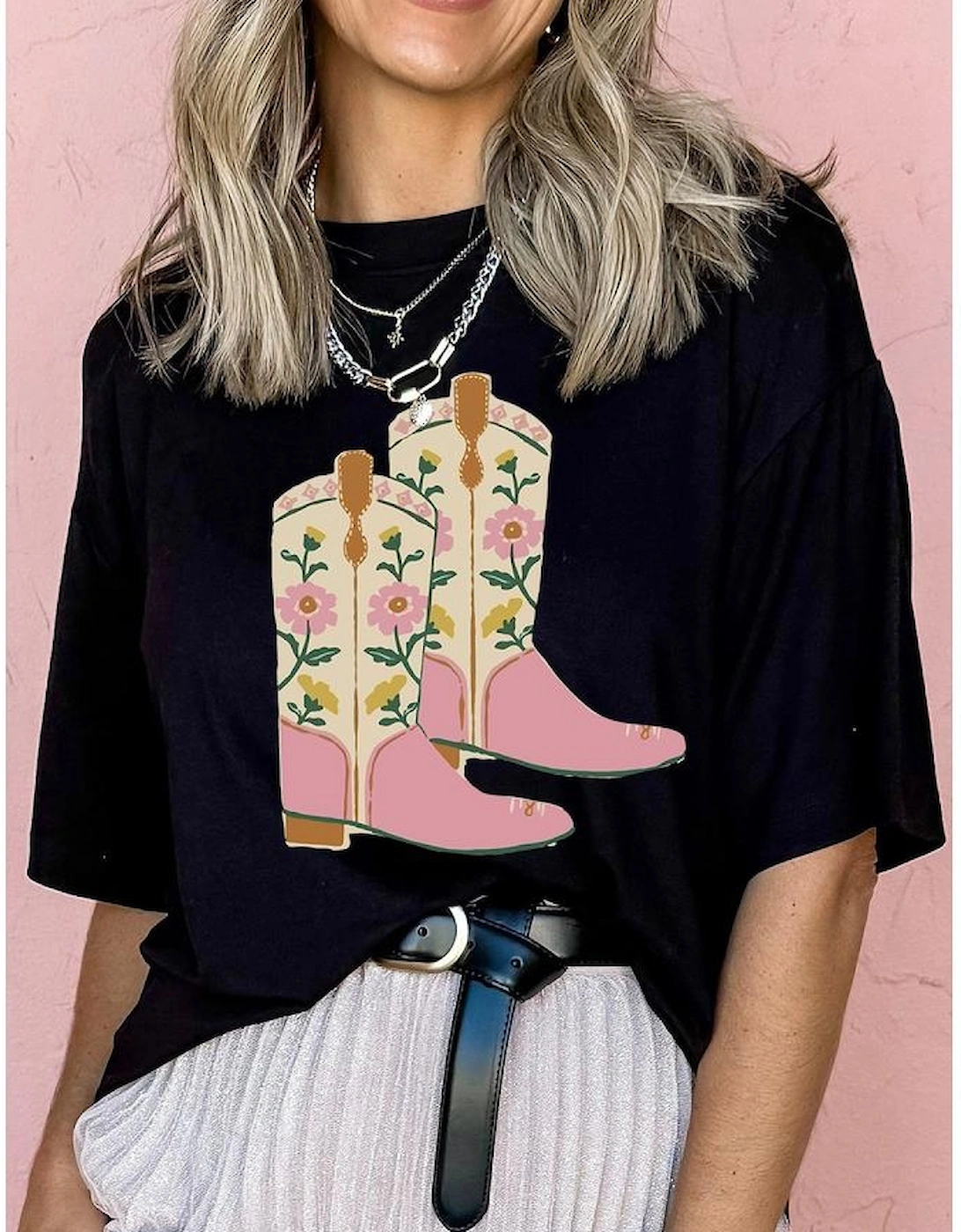 Black Floral Cowgirl Boots Cotton Blend T Shirt