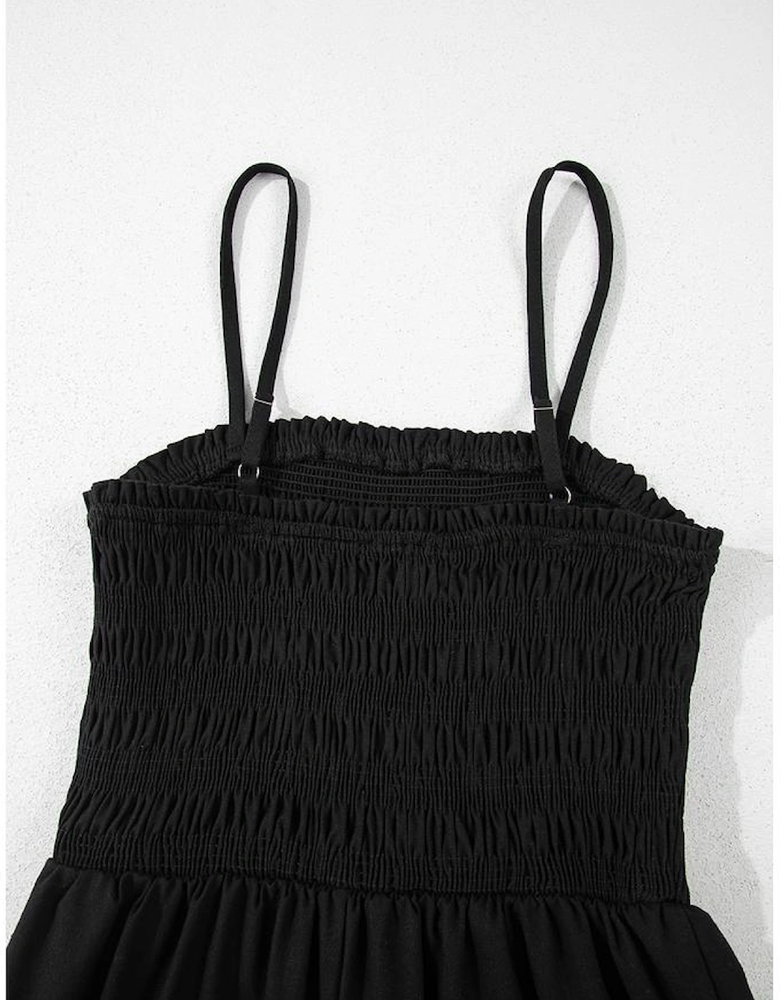 Black Spaghetti Straps Shirred Bodice Pocketed Wide Leg Jumpsuit