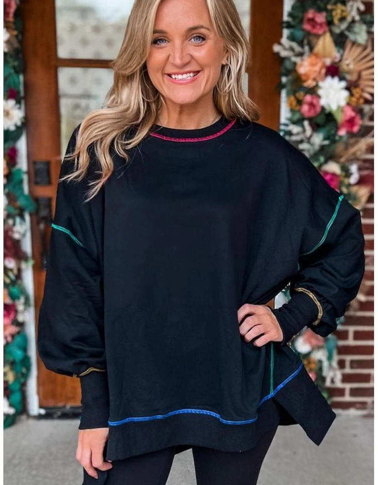 Black Contrast Stitching Split Baggy Sweatshirt