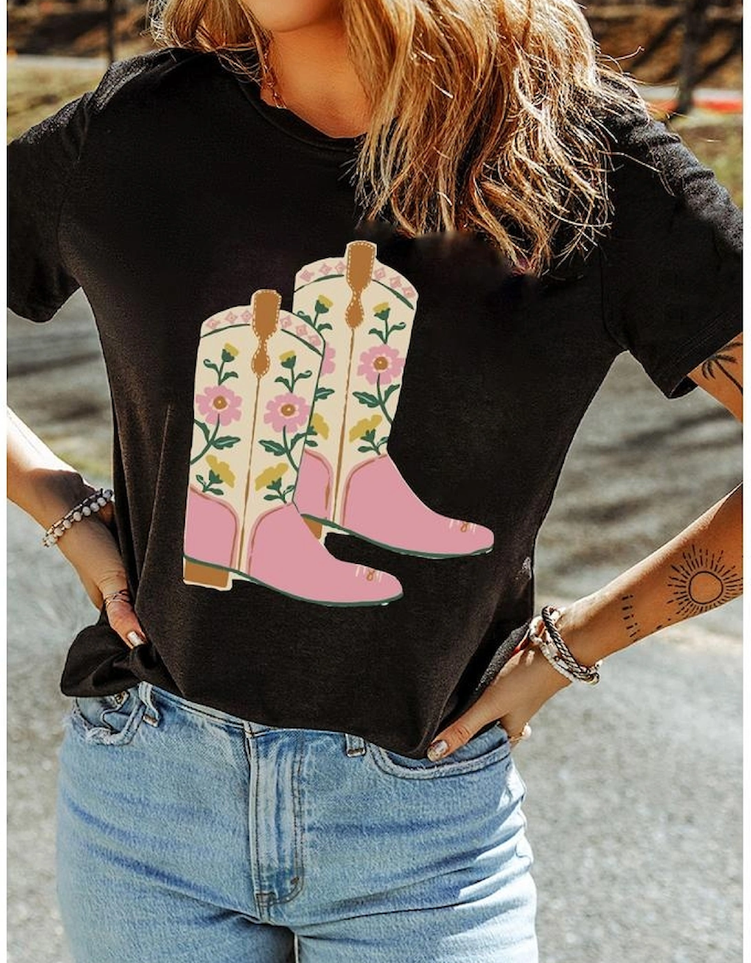 Black Floral Cowgirl Boots Cotton Blend T Shirt