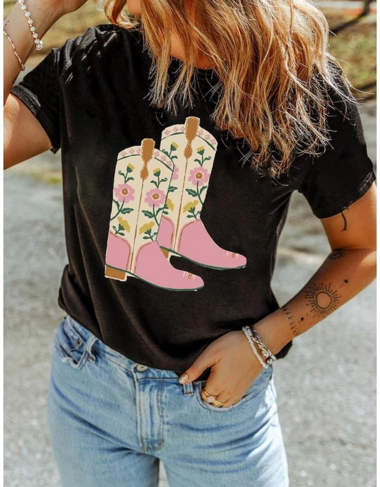 Black Floral Cowgirl Boots Cotton Blend T Shirt