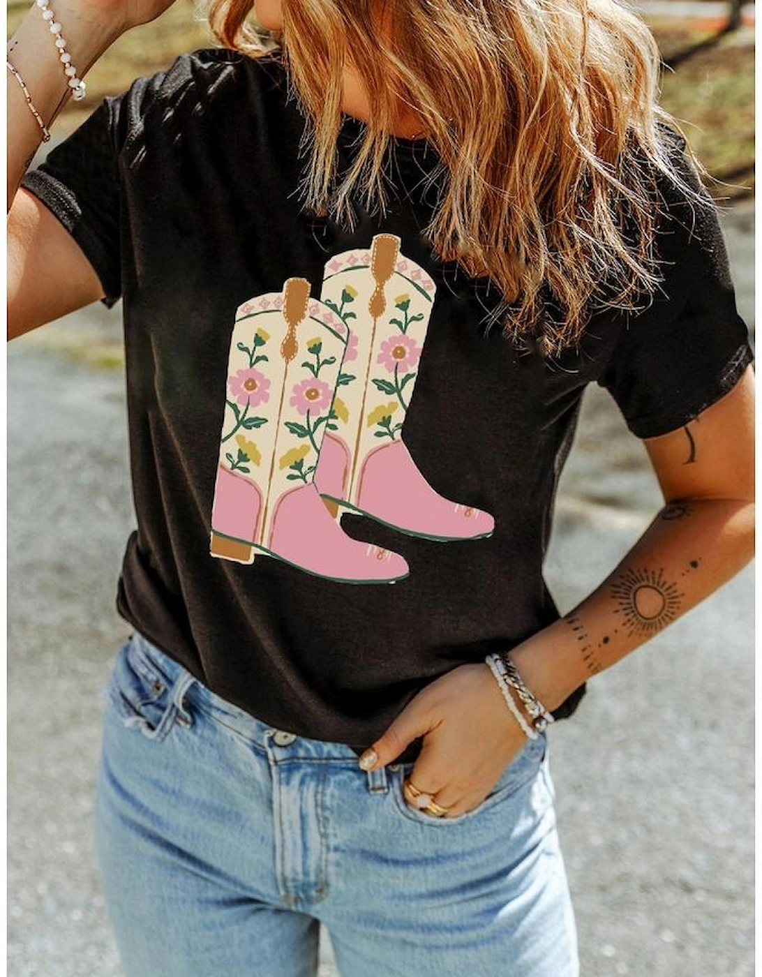 Black Floral Cowgirl Boots Cotton Blend T Shirt