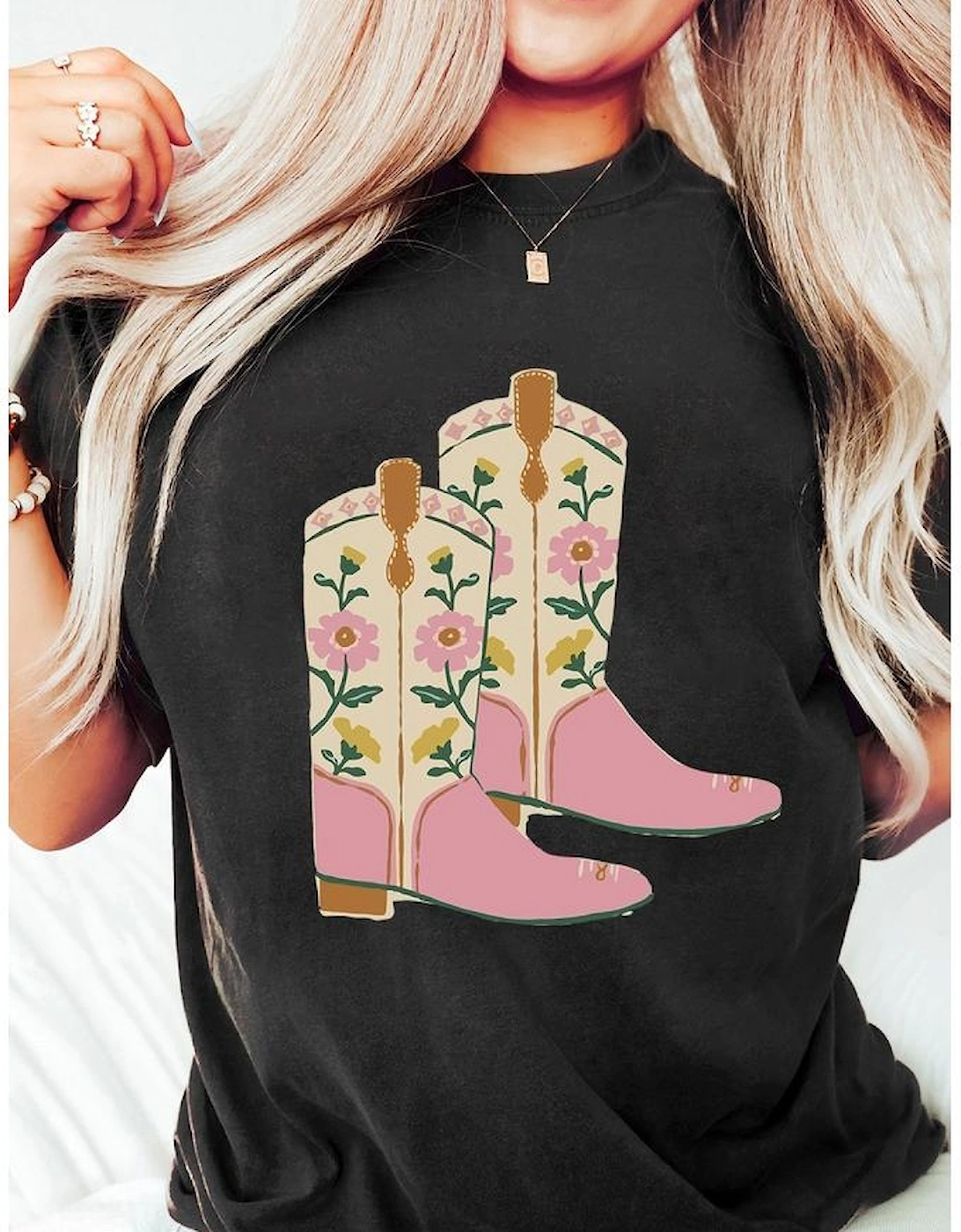 Black Floral Cowgirl Boots Cotton Blend T Shirt
