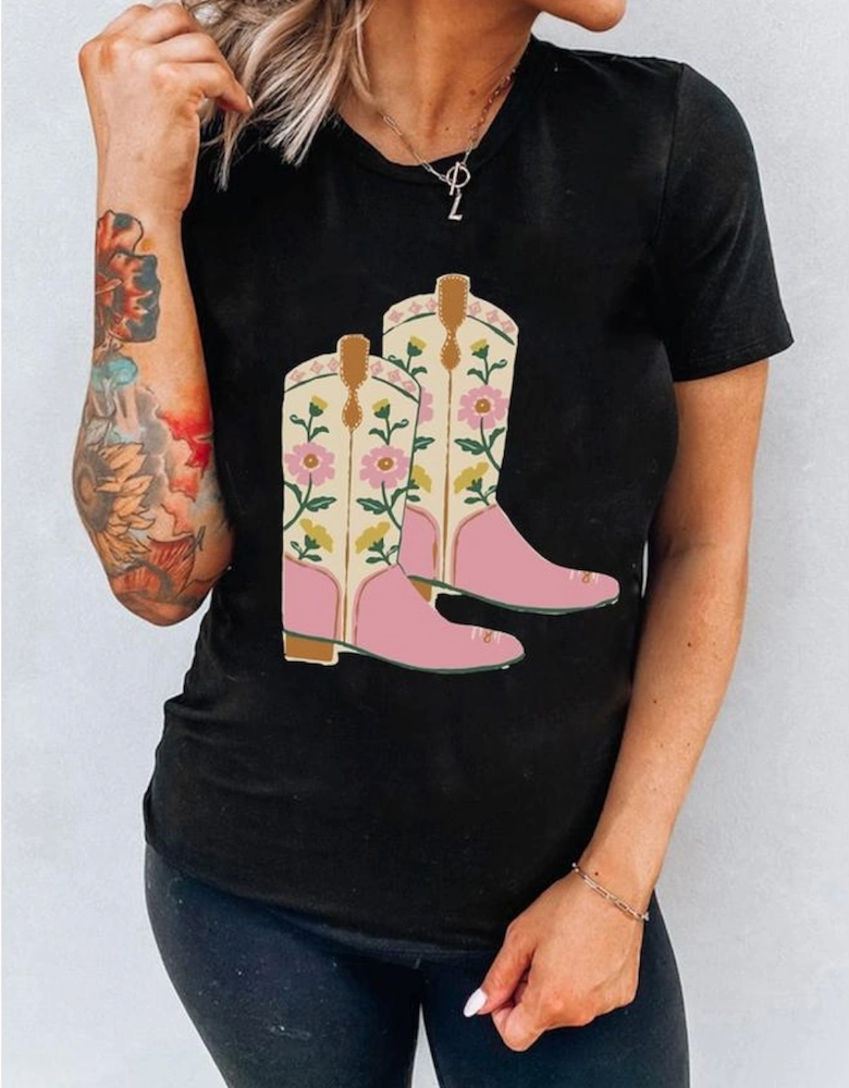 Black Floral Cowgirl Boots Cotton Blend T Shirt