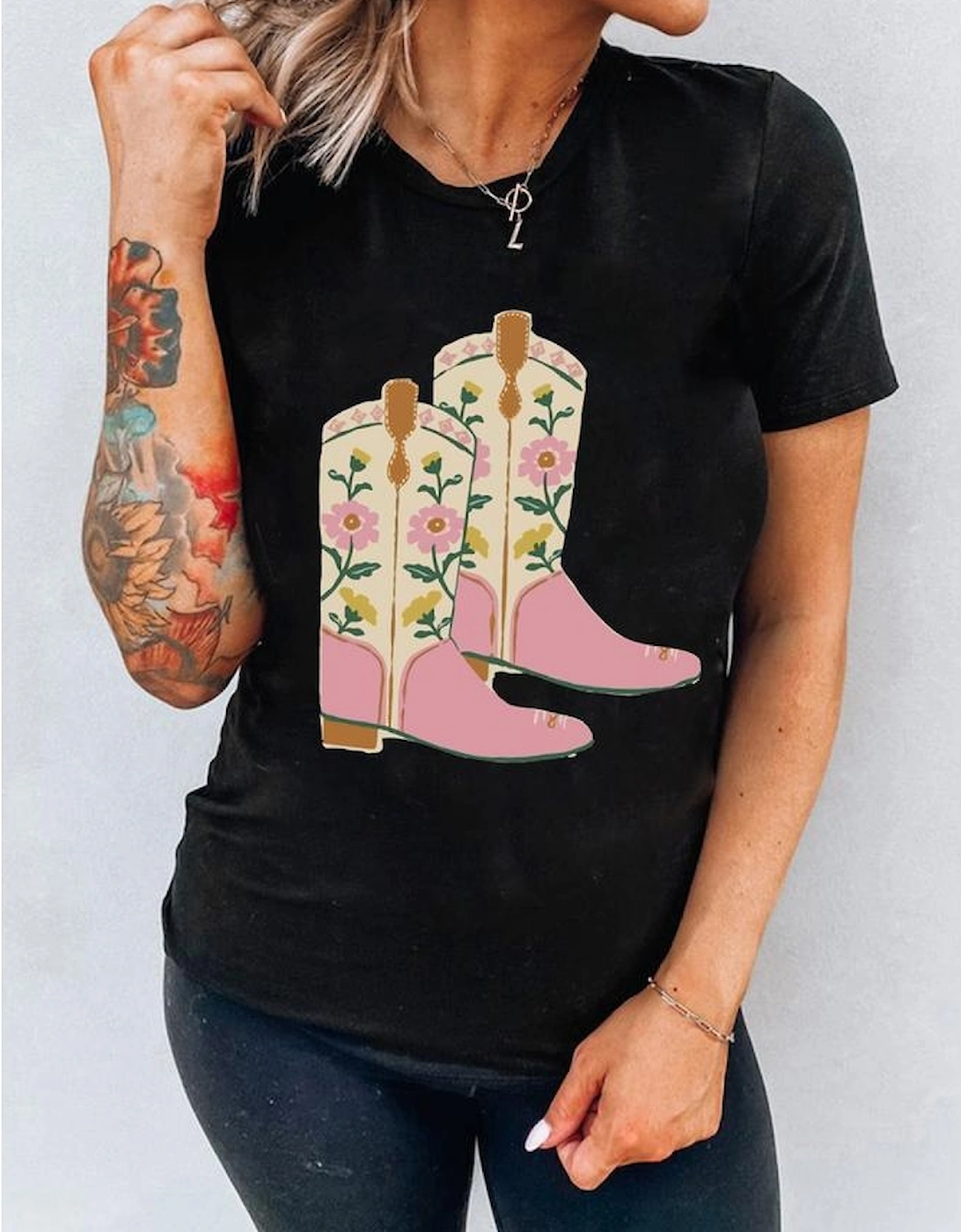 Black Floral Cowgirl Boots Cotton Blend T Shirt