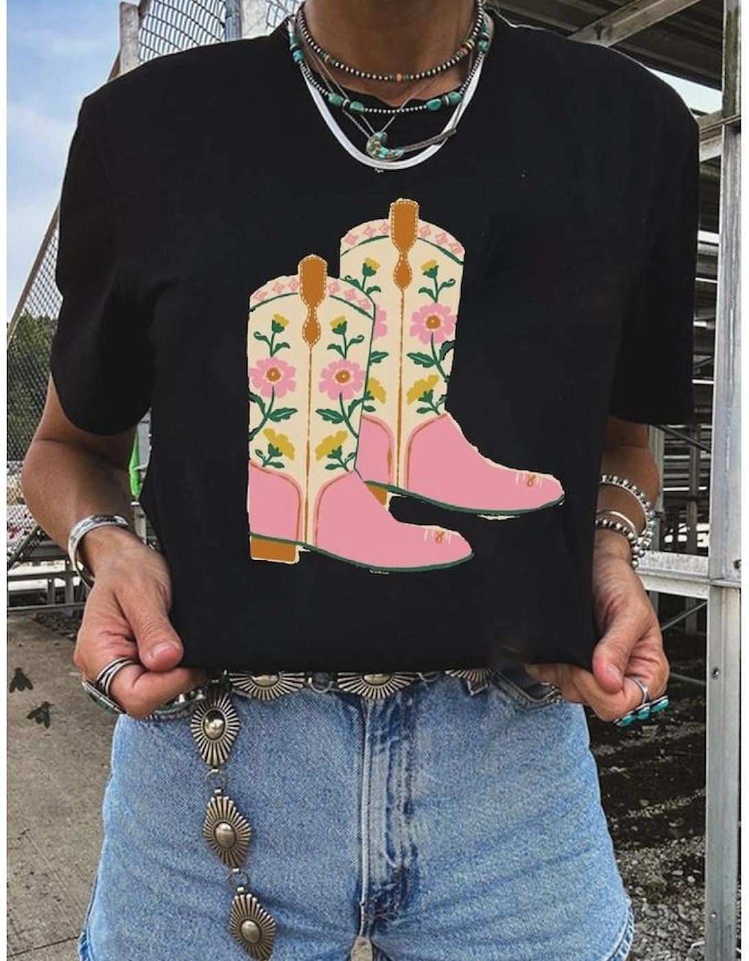Black Floral Cowgirl Boots Cotton Blend T Shirt