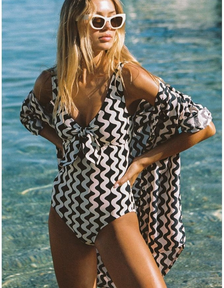 Black Stripe Print Loose Fit Open Front Beach Cover Up