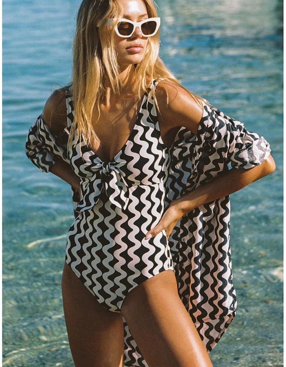 Black Stripe Print Loose Fit Open Front Beach Cover Up
