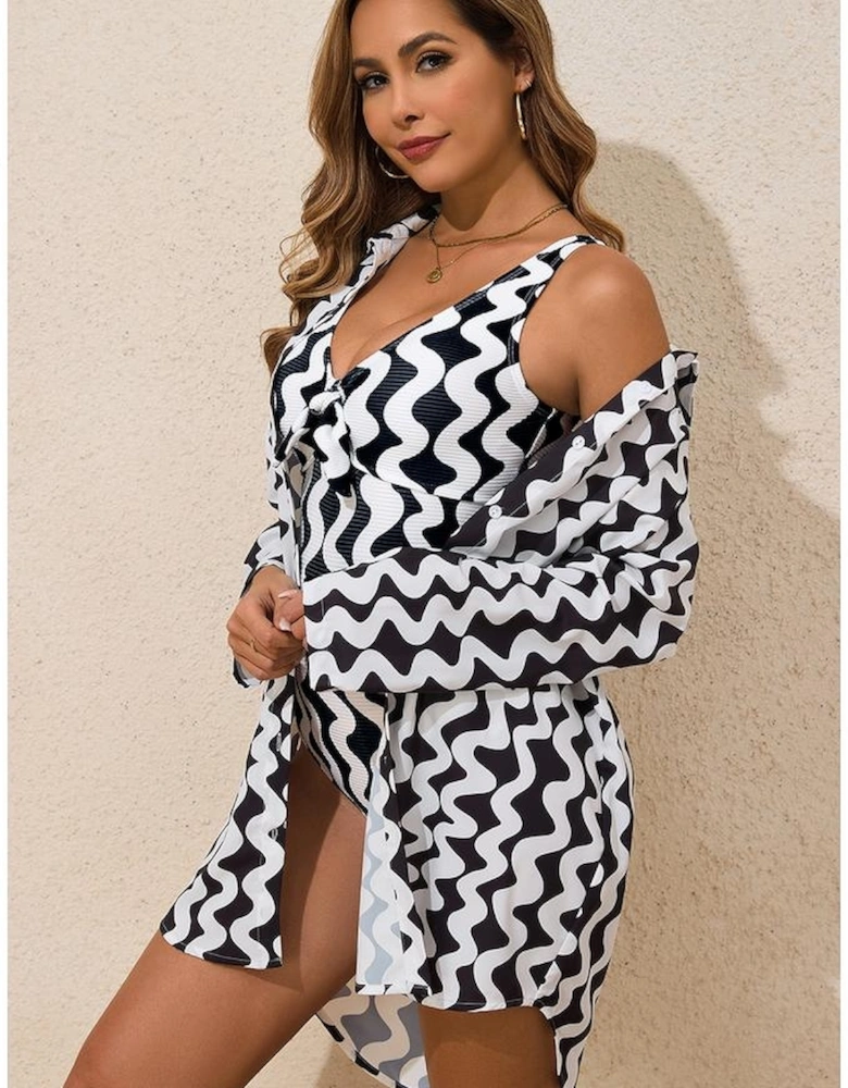 Black Stripe Print Loose Fit Open Front Beach Cover Up