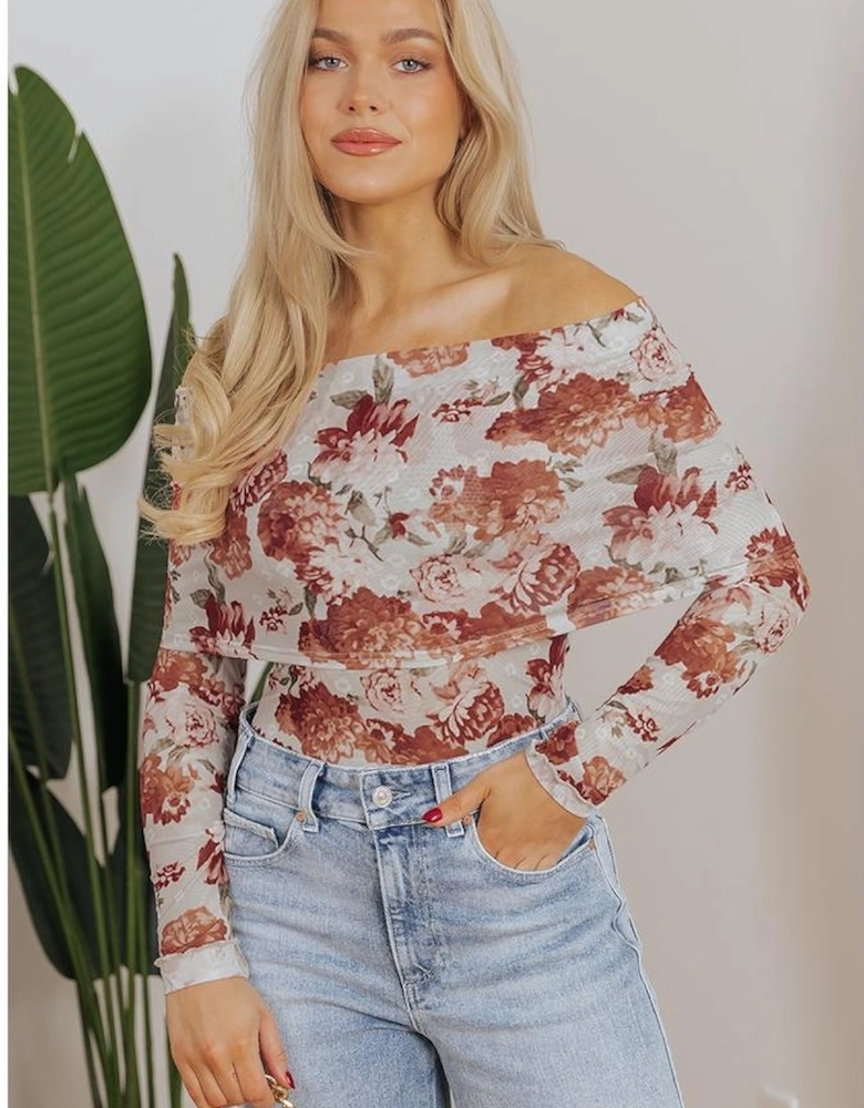 Pink Floral Printed Long Sleeve Sheath Bodysuit