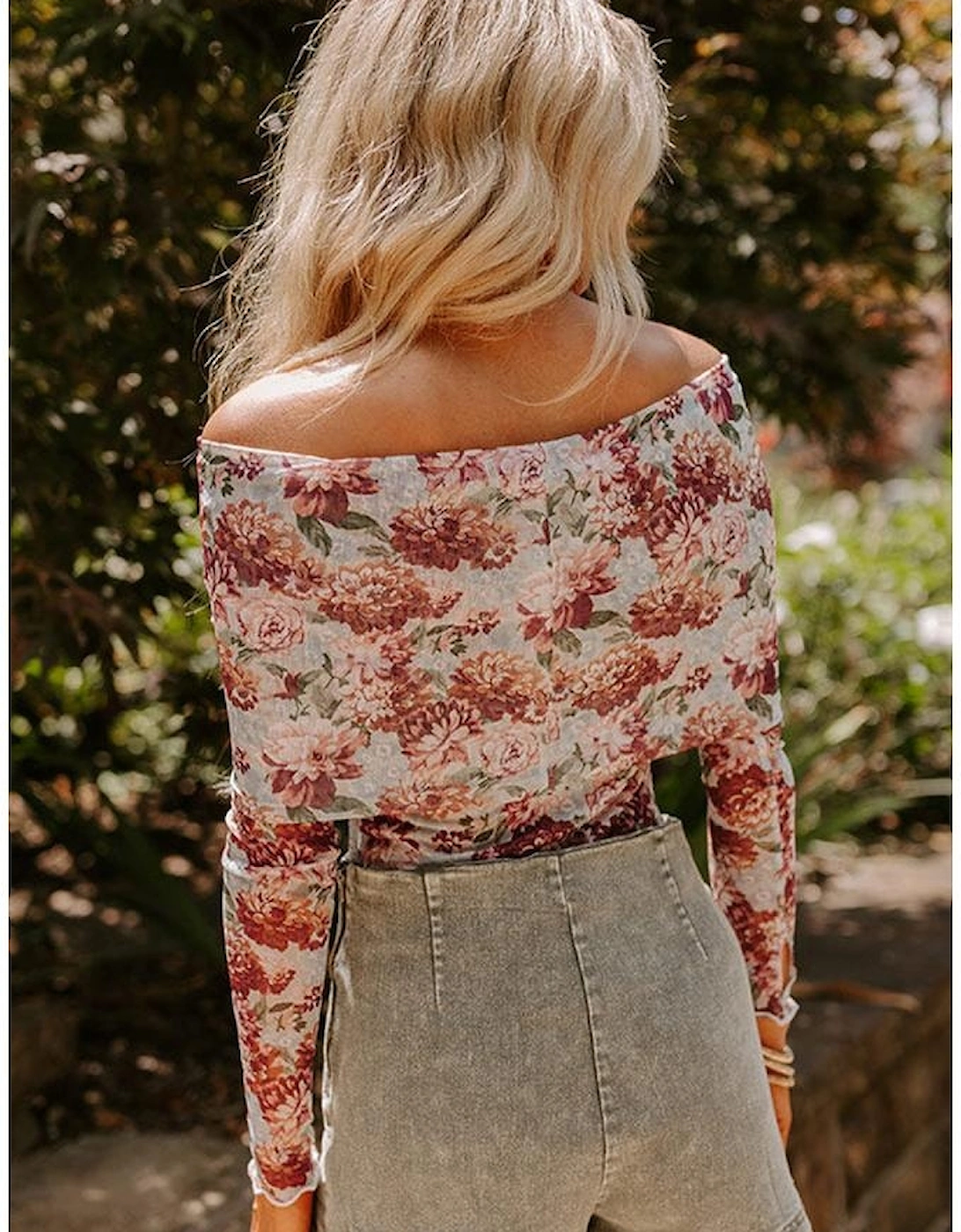 Pink Floral Printed Long Sleeve Sheath Bodysuit