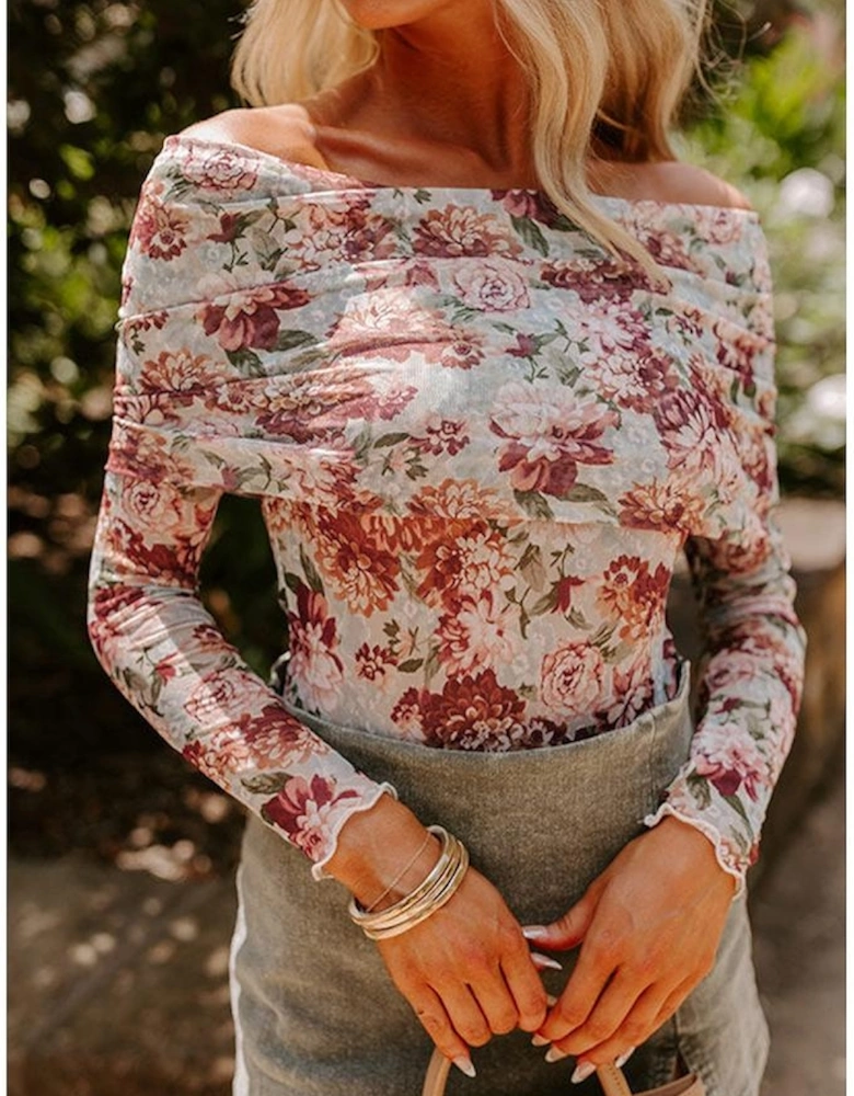 Pink Floral Printed Long Sleeve Sheath Bodysuit
