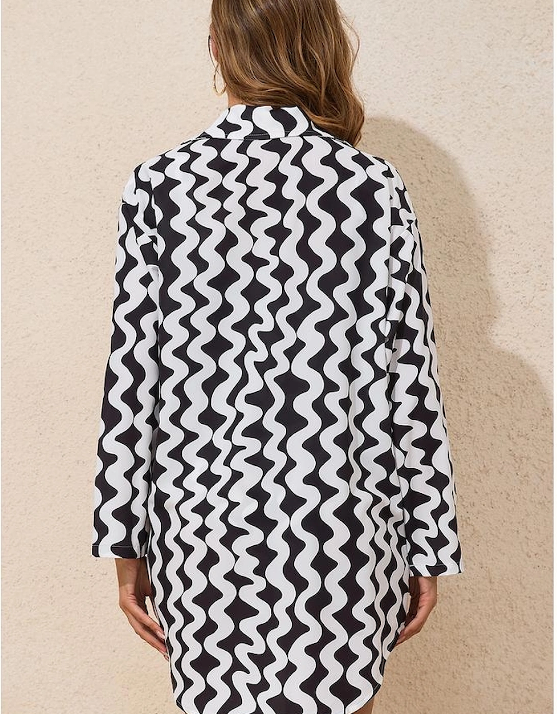 Black Stripe Print Loose Fit Open Front Beach Cover Up