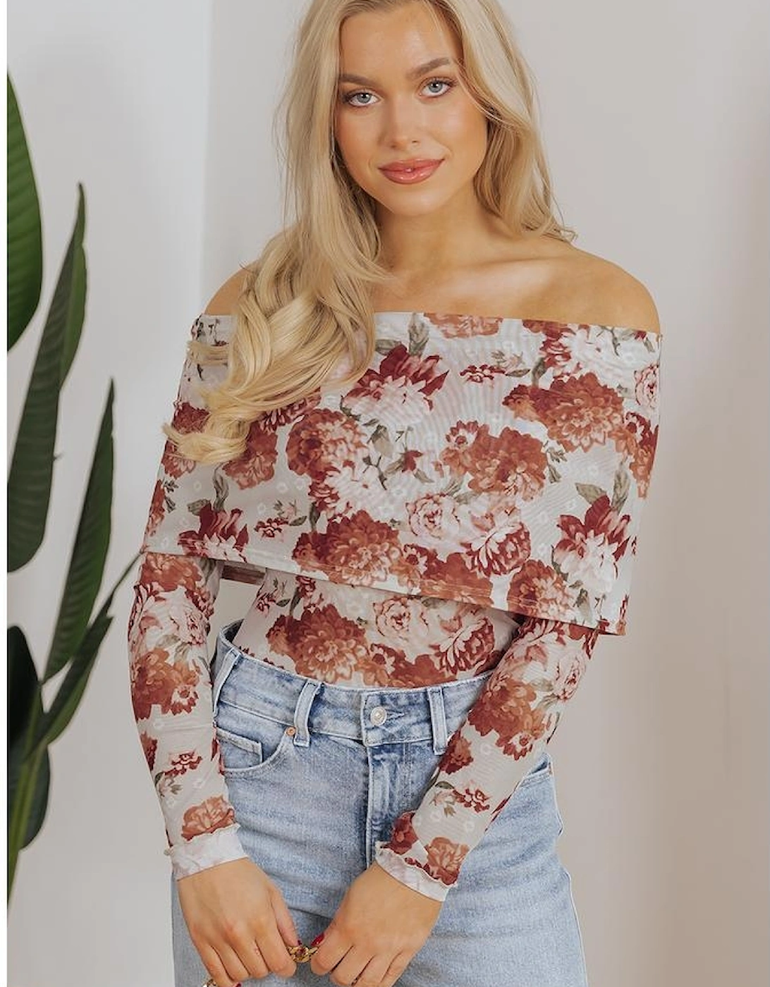 Pink Floral Printed Long Sleeve Sheath Bodysuit