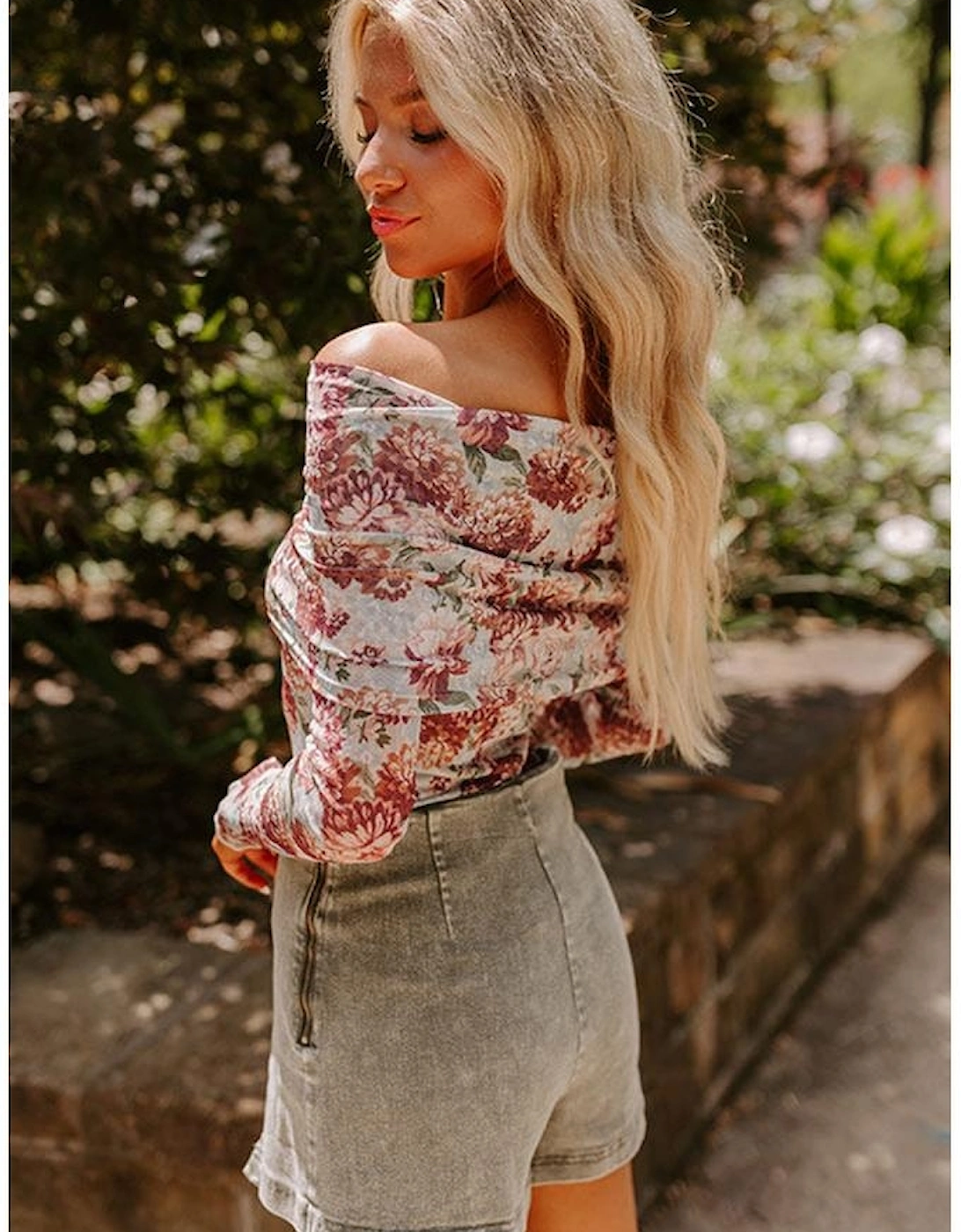 Pink Floral Printed Long Sleeve Sheath Bodysuit