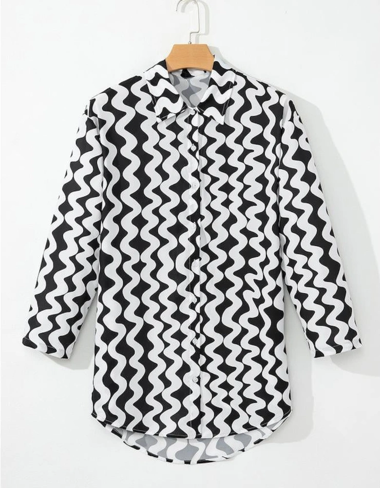 Black Stripe Print Loose Fit Open Front Beach Cover Up