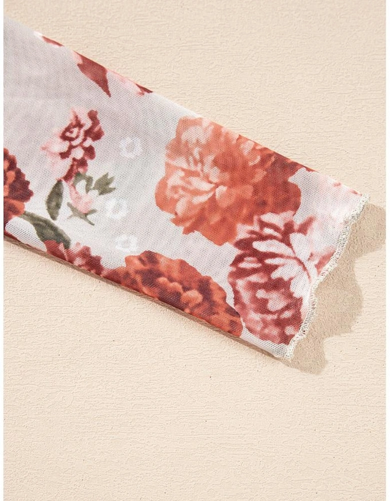 Pink Floral Printed Long Sleeve Sheath Bodysuit