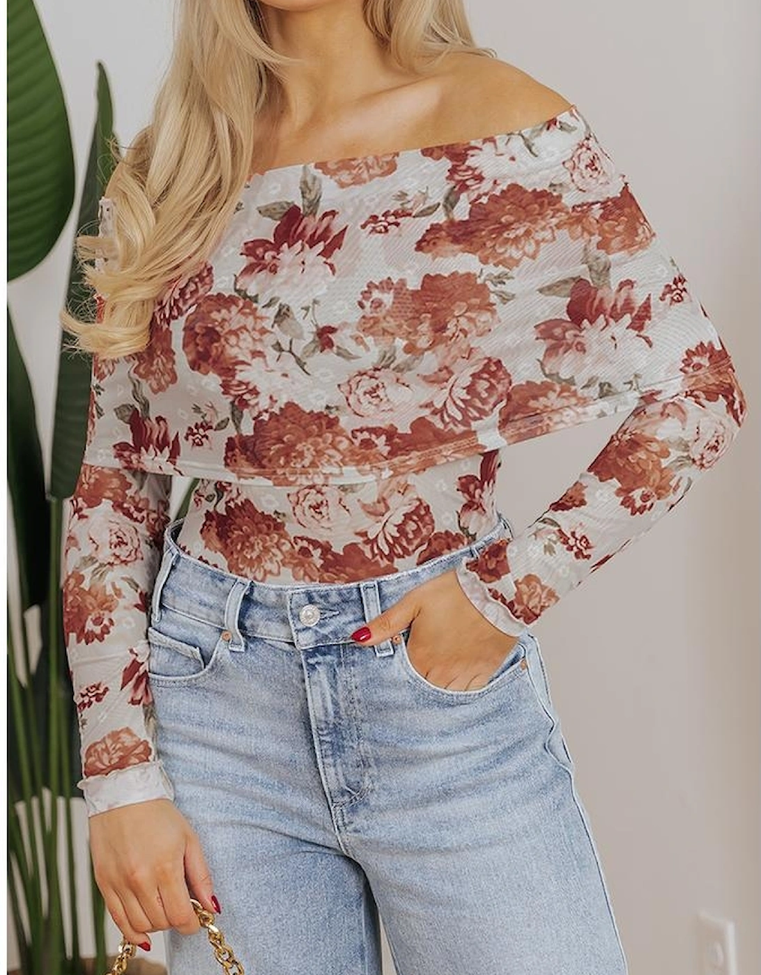 Pink Floral Printed Long Sleeve Sheath Bodysuit