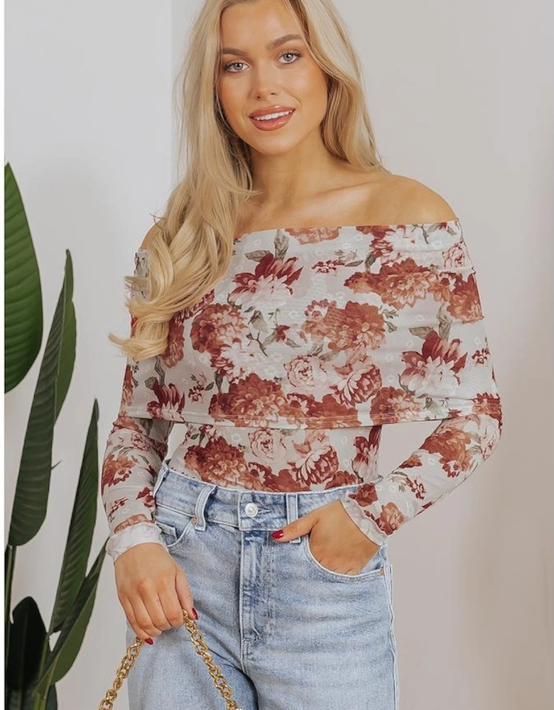 Pink Floral Printed Long Sleeve Sheath Bodysuit