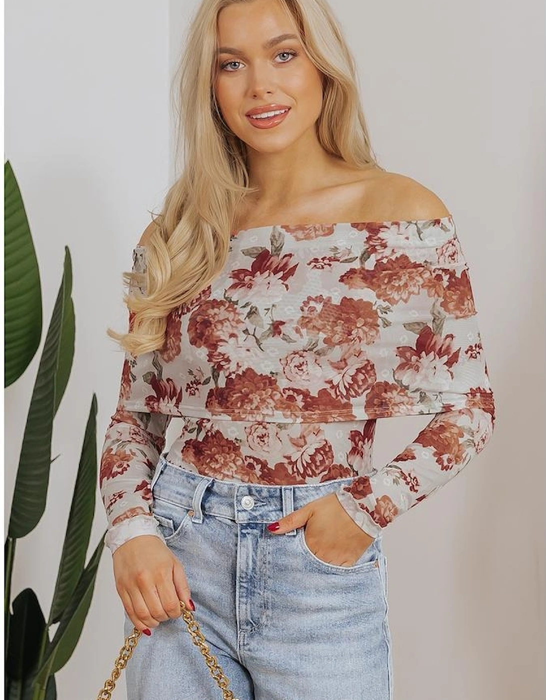 Pink Floral Printed Long Sleeve Sheath Bodysuit