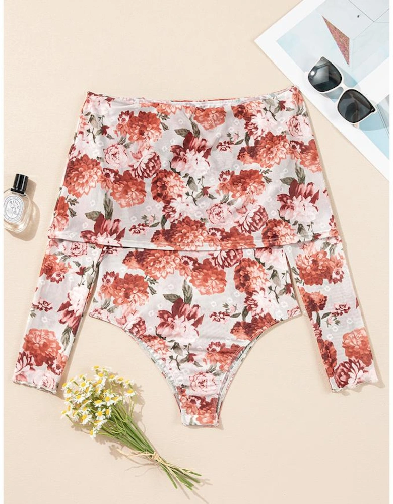 Pink Floral Printed Long Sleeve Sheath Bodysuit