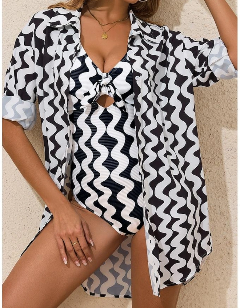 Black Stripe Print Loose Fit Open Front Beach Cover Up