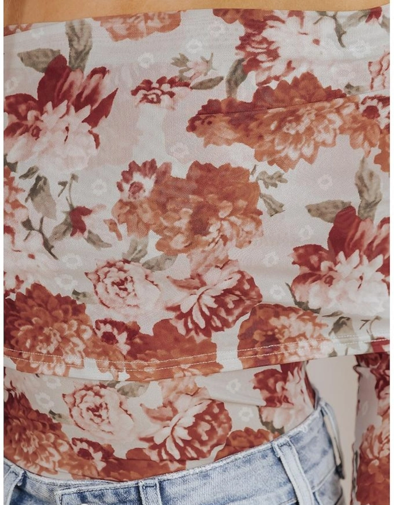 Pink Floral Printed Long Sleeve Sheath Bodysuit