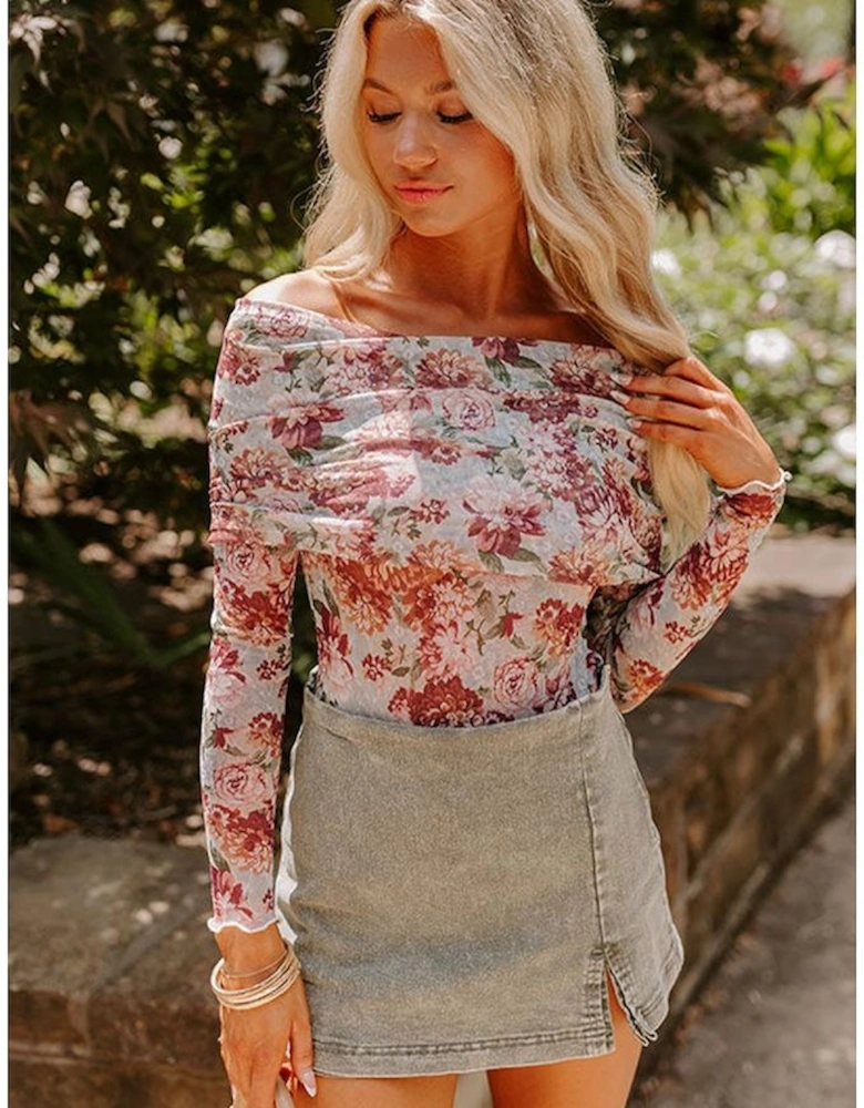 Pink Floral Printed Long Sleeve Sheath Bodysuit