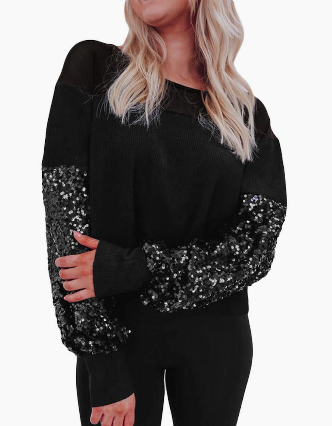 Black Sequin Patchwork Lantern Sleeve Blouse, 6 of 5