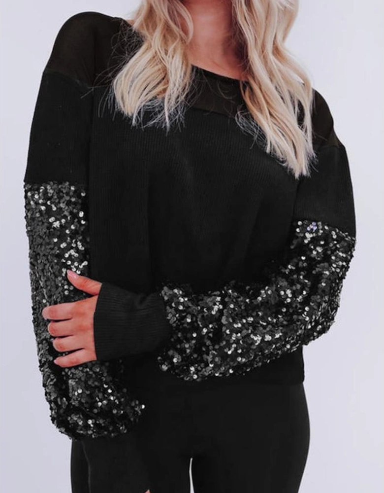 Black Sequin Patchwork Lantern Sleeve Blouse