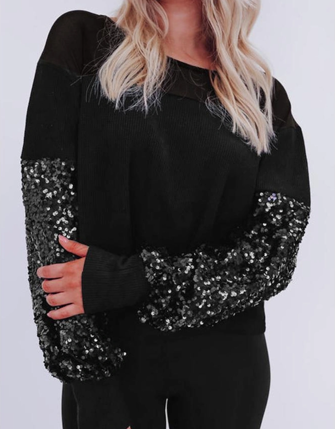 Black Sequin Patchwork Lantern Sleeve Blouse
