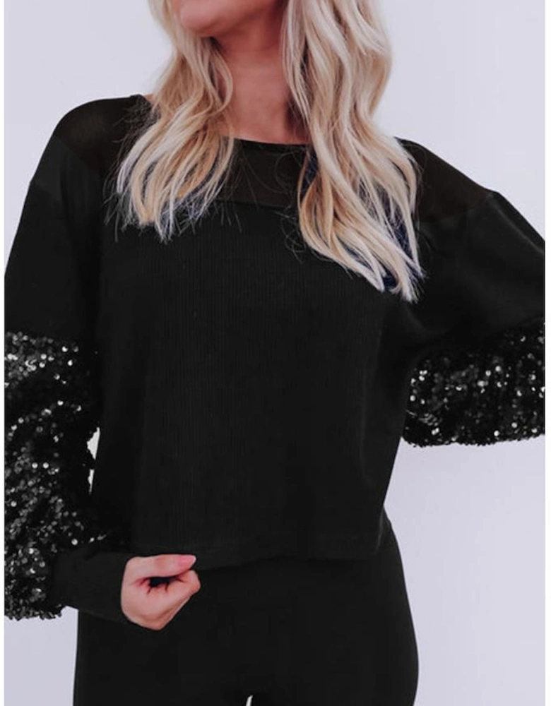 Black Sequin Patchwork Lantern Sleeve Blouse