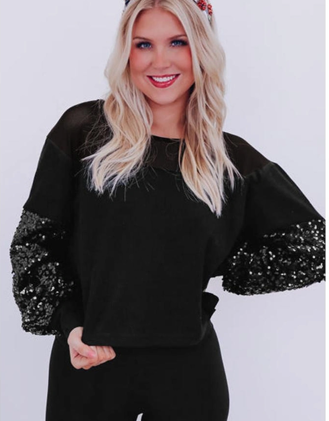 Black Sequin Patchwork Lantern Sleeve Blouse