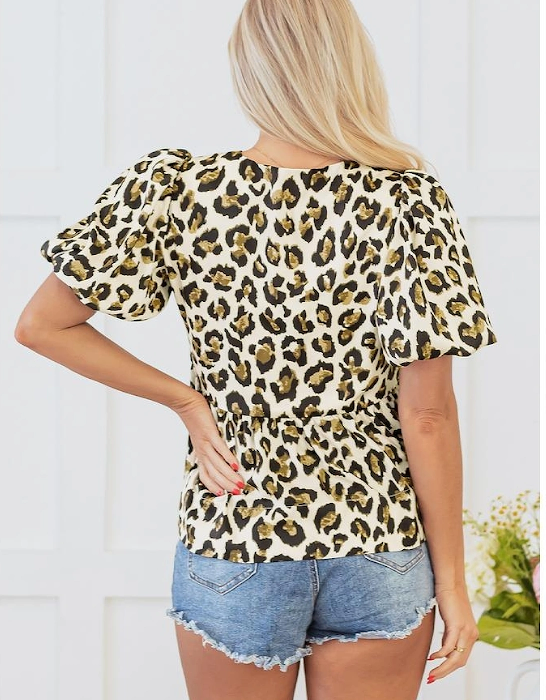 Apricot Leopard Bubble Sleeve Bow Tie Front Peplum Blouse
