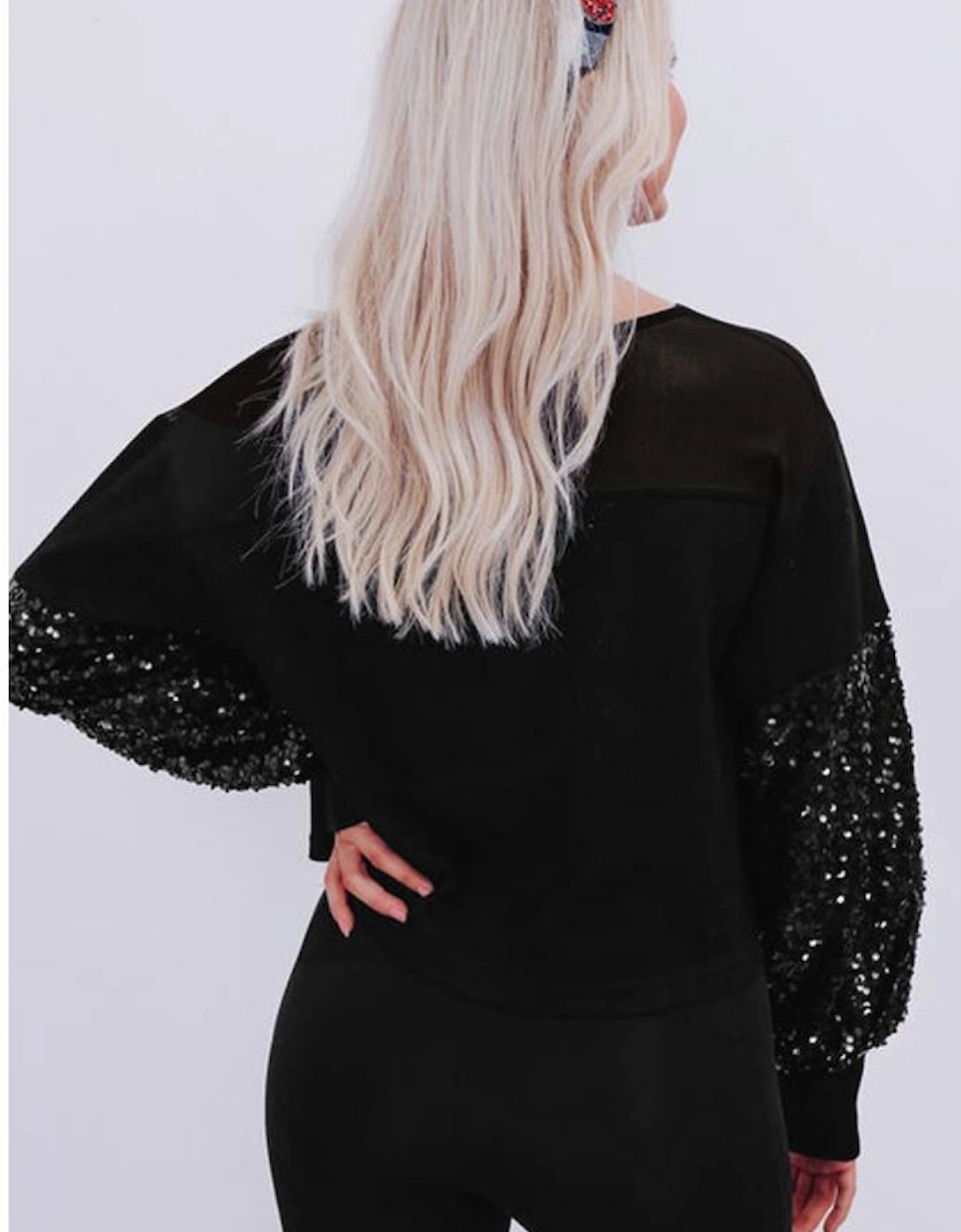 Black Sequin Patchwork Lantern Sleeve Blouse
