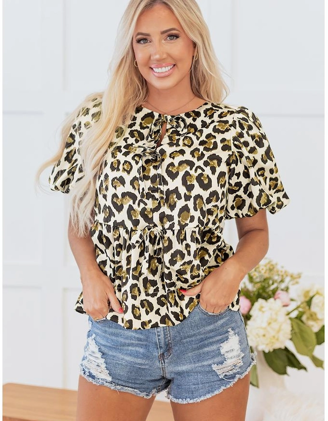 Apricot Leopard Bubble Sleeve Bow Tie Front Peplum Blouse, 15 of 14