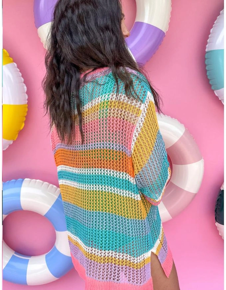 Pink Stripe Plus Size Open Knit Patch Pocket Short Sleeve Sweater