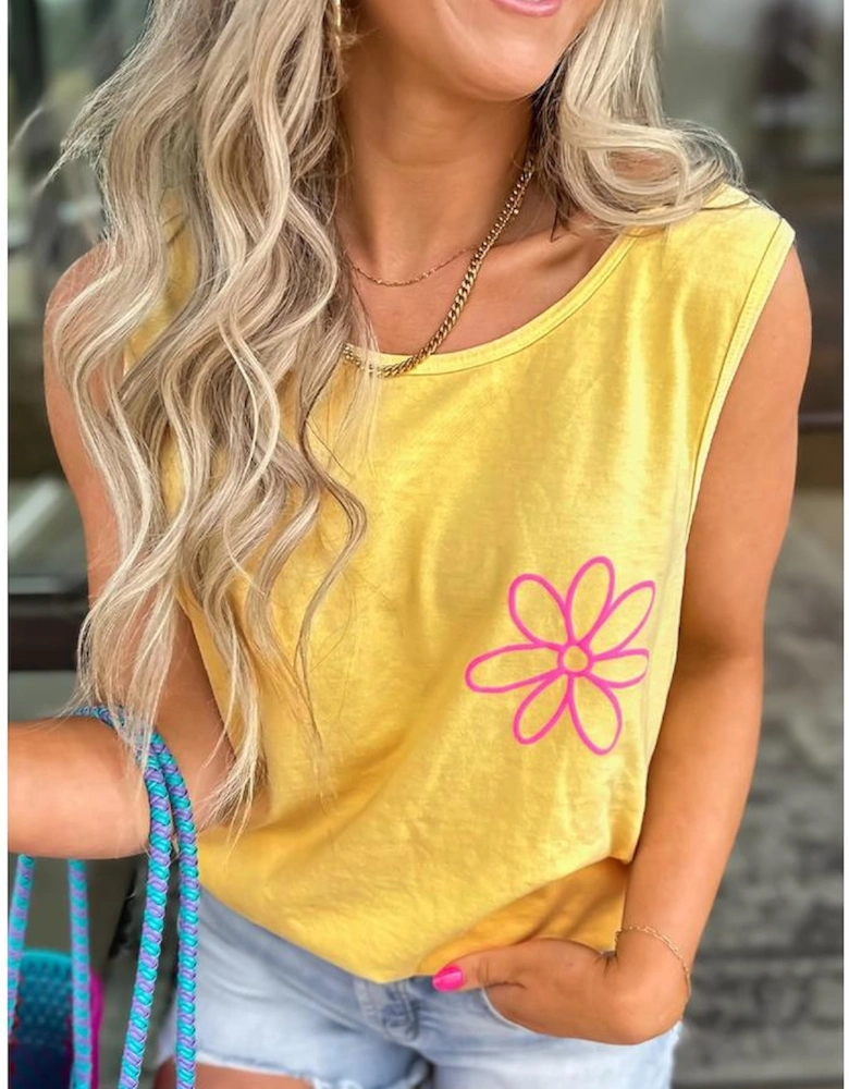 Yellow Cream Flower Graphic Casual Tank Top