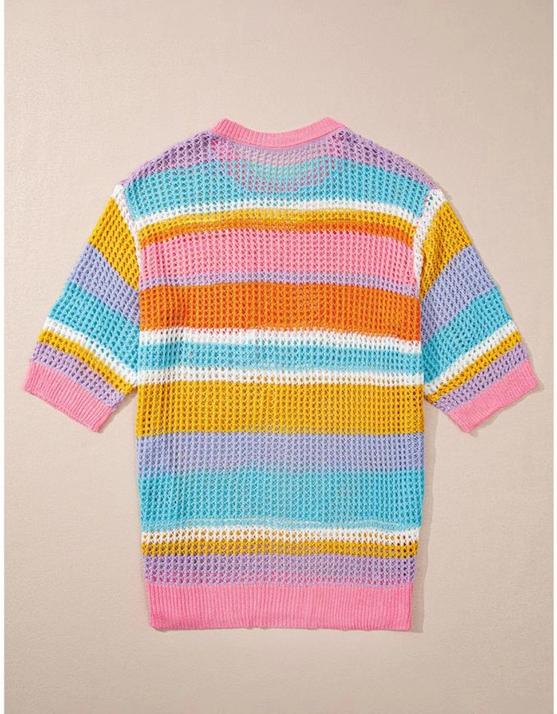 Pink Stripe Plus Size Open Knit Patch Pocket Short Sleeve Sweater