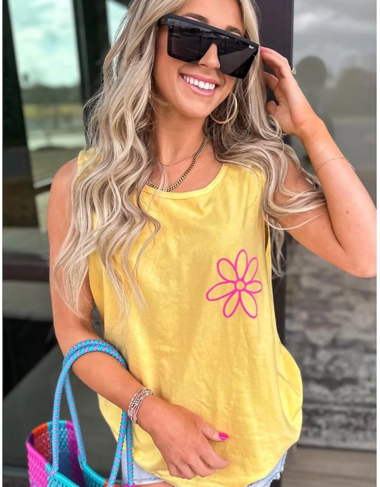 Yellow Cream Flower Graphic Casual Tank Top