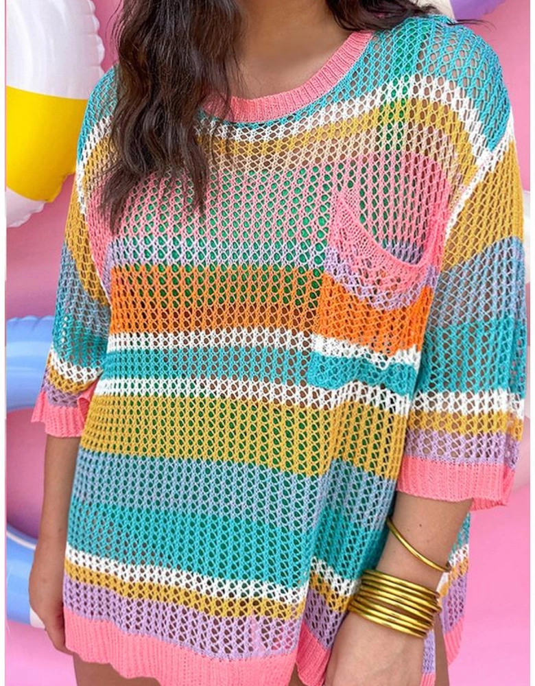 Pink Stripe Plus Size Open Knit Patch Pocket Short Sleeve Sweater