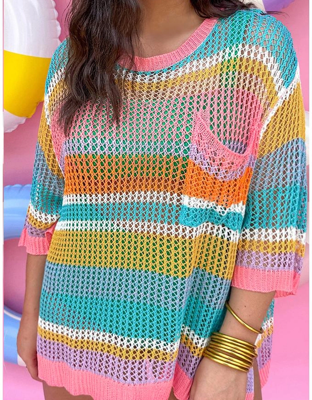 Pink Stripe Plus Size Open Knit Patch Pocket Short Sleeve Sweater