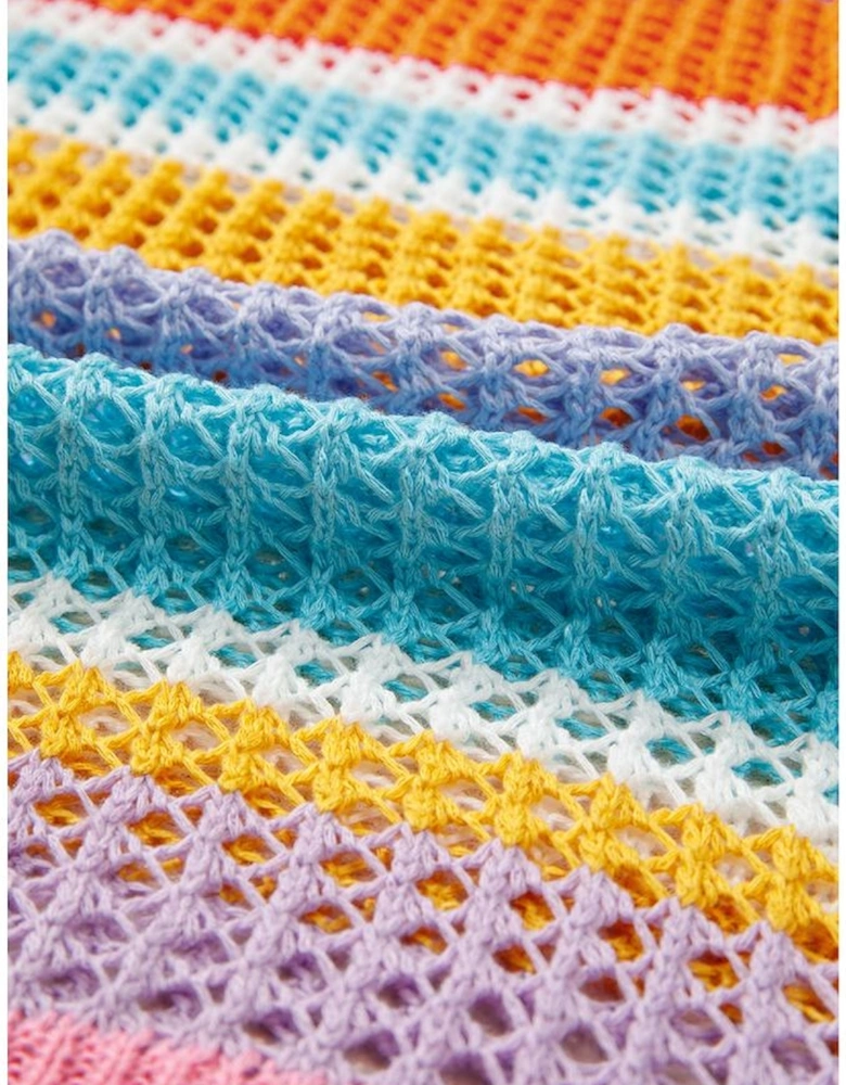 Pink Stripe Plus Size Open Knit Patch Pocket Short Sleeve Sweater