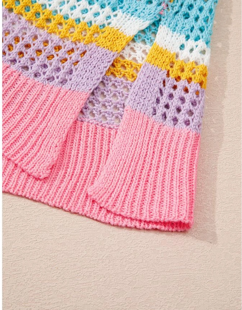 Pink Stripe Plus Size Open Knit Patch Pocket Short Sleeve Sweater