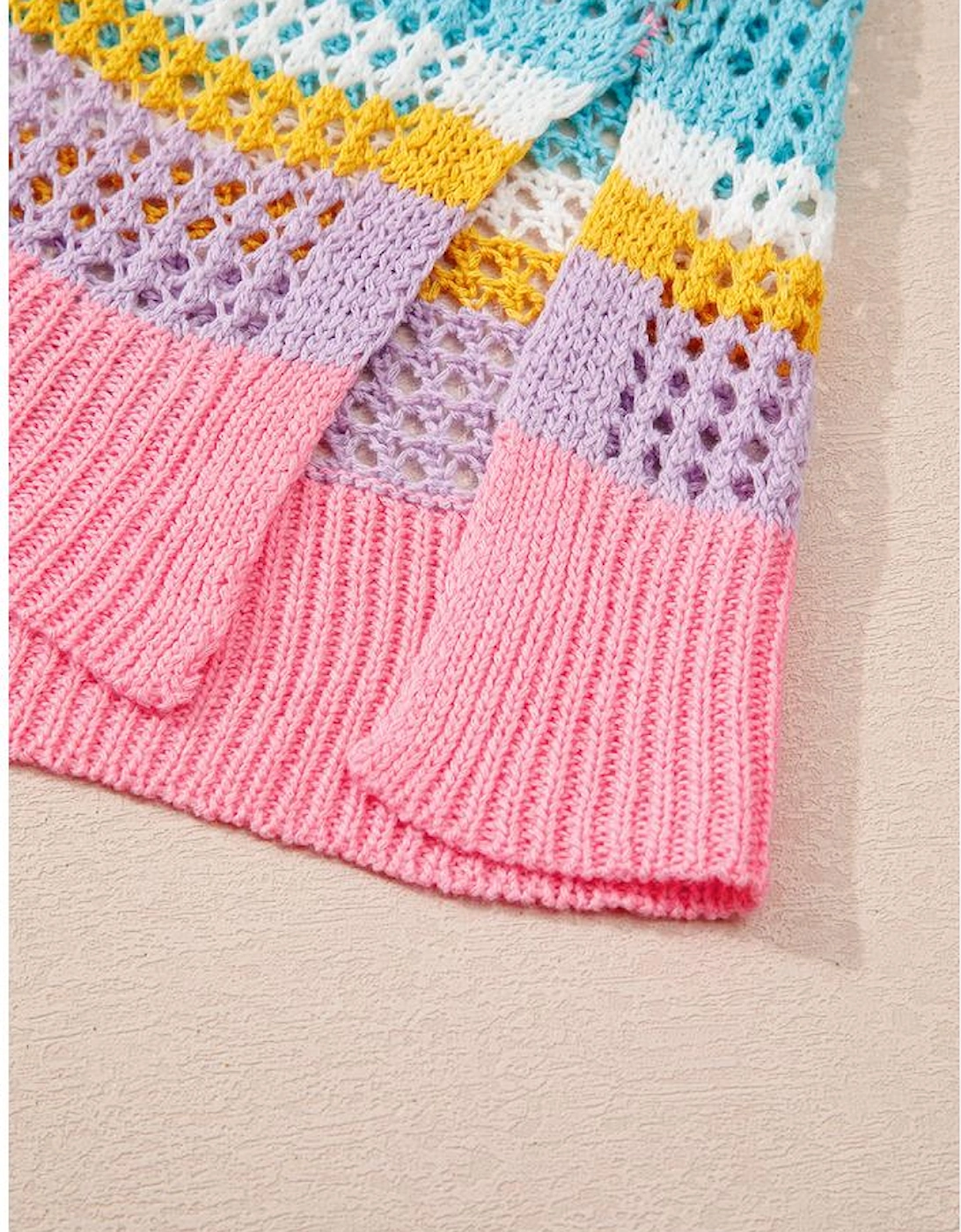 Pink Stripe Plus Size Open Knit Patch Pocket Short Sleeve Sweater