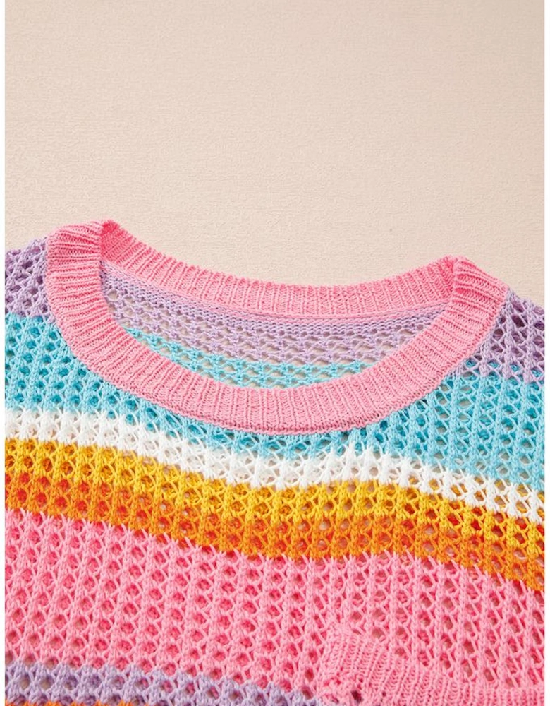 Pink Stripe Plus Size Open Knit Patch Pocket Short Sleeve Sweater